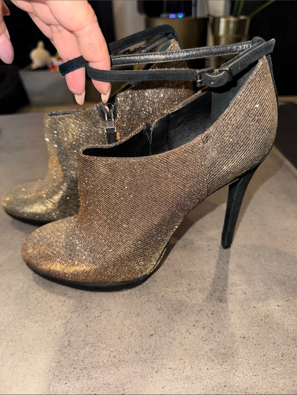 Brian Atwood Gold Glitter Ankle Booties with Ankle Strap
